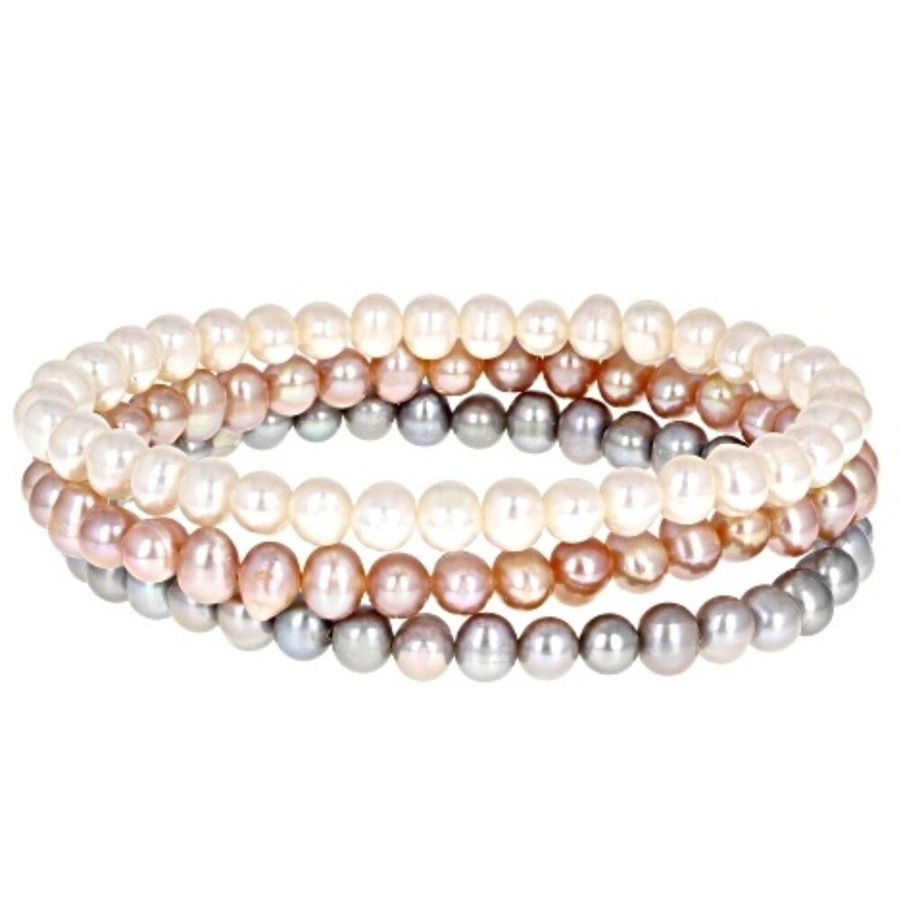 NIB - JTV  Multi-Color Cultured Freshwater Pearl Stretch Bracelet Set Of 3